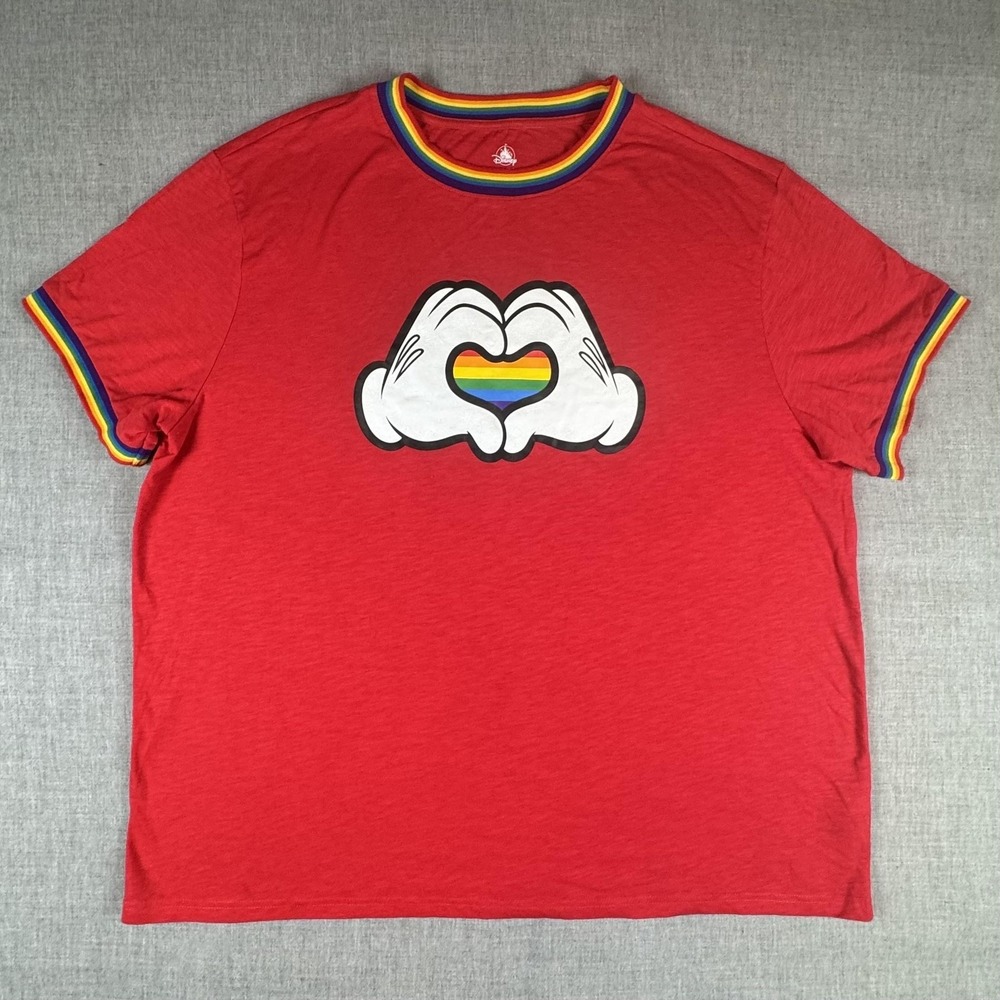 Disney Shirt Mens 2XL Red Rainbow Pride Mickey Hands Heart Ringer Graphic Tee
